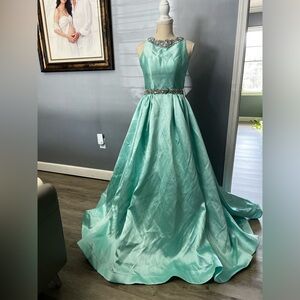 Elegant Aqua Gown with Embellished Neckline